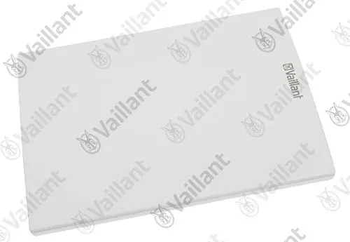 Weißes Frontblech der Marke Vaillant, rechteckige Form, mit Logo in der oberen rechten Ecke. Oberfläche ist glatt und einfarbig.